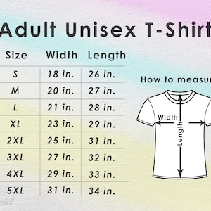 K&ouml;nnte beinhalten: Gr&ouml;&szlig;entabelle f&uuml;r Unisex-T-Shirts mit den Ma&szlig;en f&uuml;r Breite und L&auml;nge in Zoll f&uuml;r die Gr&ouml;&szlig;en S bis 5XL. Ein Diagramm zeigt, wie man Breite und L&auml;nge misst.
