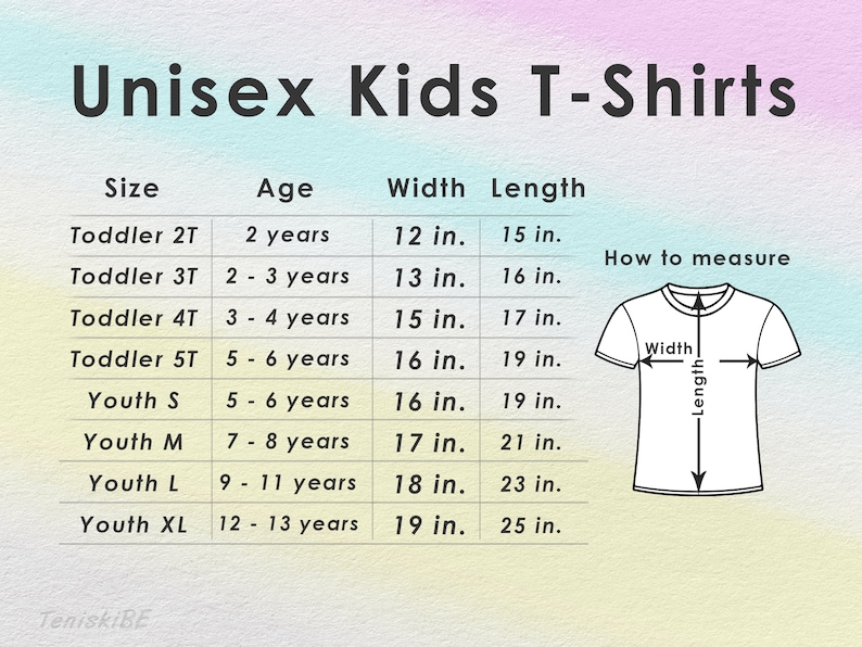 K&ouml;nnte beinhalten: Gr&ouml;&szlig;entabelle f&uuml;r Unisex-Kinder-T-Shirts, die Gr&ouml;&szlig;en von Toddler 2T bis Youth XL mit den entsprechenden Altersangaben, Breite und L&auml;nge in Zoll zeigt.