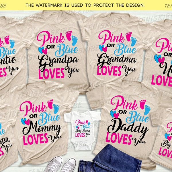 Gender Reveal Party Shirts, Baby Shower Party, rosa oder blau wir lieben dich Shirts, T-Shirts Baby Ankündigung, personalisierte Familie Matching