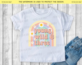 Young Wild & Three, Koszulka urodzinowa dla dzieci, Dziewczęca tęczowa retro, Koszulka urodzinowa, Koszulka dla malucha na trzecie urodziny, Koszulka na przyjęcie urodzinowe