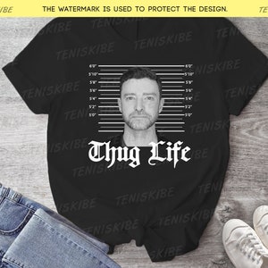 T-shirt Justin Timberlake Mugshot, Thug Life-shirt, zwart-witte mugshot, Timberlake-fancadeau, JT Concert-shirt, boybandfan