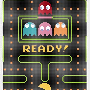 Peut inclure: Design de jeu Pac-Man pixélisé avec un fond noir et un contour de labyrinthe vert. L'image comprend un Pac-Man jaune, des fantômes rouges, bleus, roses et oranges, et le mot "READY!" en jaune.