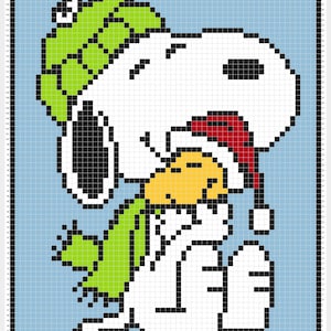 May include: Pixelated image of Snoopy and Woodstock in a winter scene. Snoopy is wearing a green hat and scarf, while Woodstock is wearing a red and white Santa hat. The background is a light blue grid.