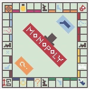 May include: A pixelated Monopoly board game design. The board features a light green background with red, orange, blue, and yellow squares. The word "Monopoly" is written in white on a red banner across the center. The board game is a classic.