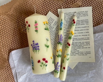 Set of 3 Painted Candle, Floral Painted Pillar Candle , floral candle, painted taper candles, wedding candles, pillar candle