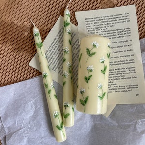 Set of 3 Painted Candle, Floral Painted Pillar Candle , floral candle, painted taper candles, wedding candles, pillar candle, painted candle