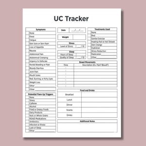 May include: A white UC Tracker sheet with sections for symptoms, weight, stress, sleep, treatments, bowel movements, food, and notes. The title "UC Tracker" is at the top. The sheet is designed for tracking health information.