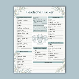 May include: A printable headache tracker with a light blue and white design. The form includes sections for prodrome symptoms, headache time log, treatments used, and potential triggers. Decorative floral elements frame the top and bottom.