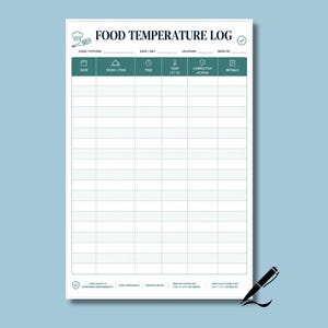 Può includere: Un foglio bianco per il registro della temperatura degli alimenti con un'intestazione verde scuro che riporta il testo FOOD TEMPERATURE LOG. La griglia include colonne per data, alimento, ora, temperatura, azione correttiva e iniziali.