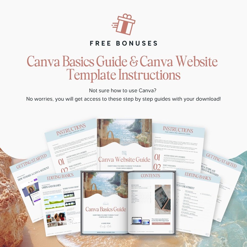 May include: A promotional image featuring a Canva Basics Guide and Canva Website Template Instructions. The image includes several instructional guides and a book, with the text "FREE BONUSES" and "Not sure how to use Canva?" visible.