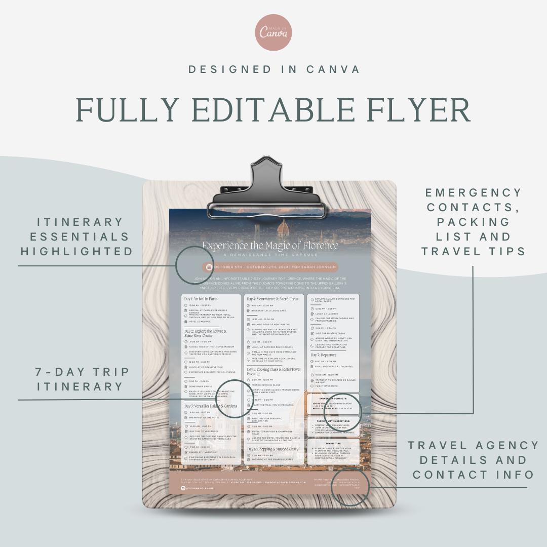 Trip Itinerary Flyer for Travel Agent 2025, Editable Canva Template ...