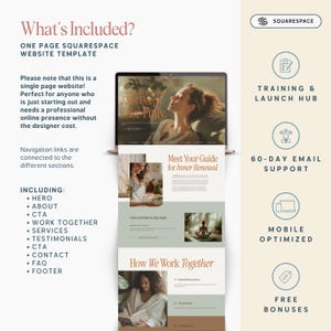 May include: A Squarespace website template displayed on a laptop screen. The template includes sections for a hero image, about, CTA, work together, services, testimonials, contact, FAQ, and footer. The image also includes text: "What's Included?" and "Meet Your Guide for Inner Renewal."