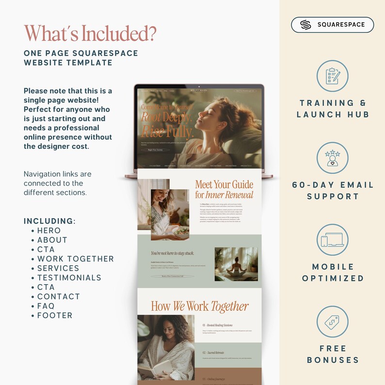 May include: A Squarespace website template displayed on a laptop screen. The template includes sections for a hero image, about, CTA, work together, services, testimonials, contact, FAQ, and footer. The image also includes text: "What's Included?" and "Meet Your Guide for Inner Renewal."