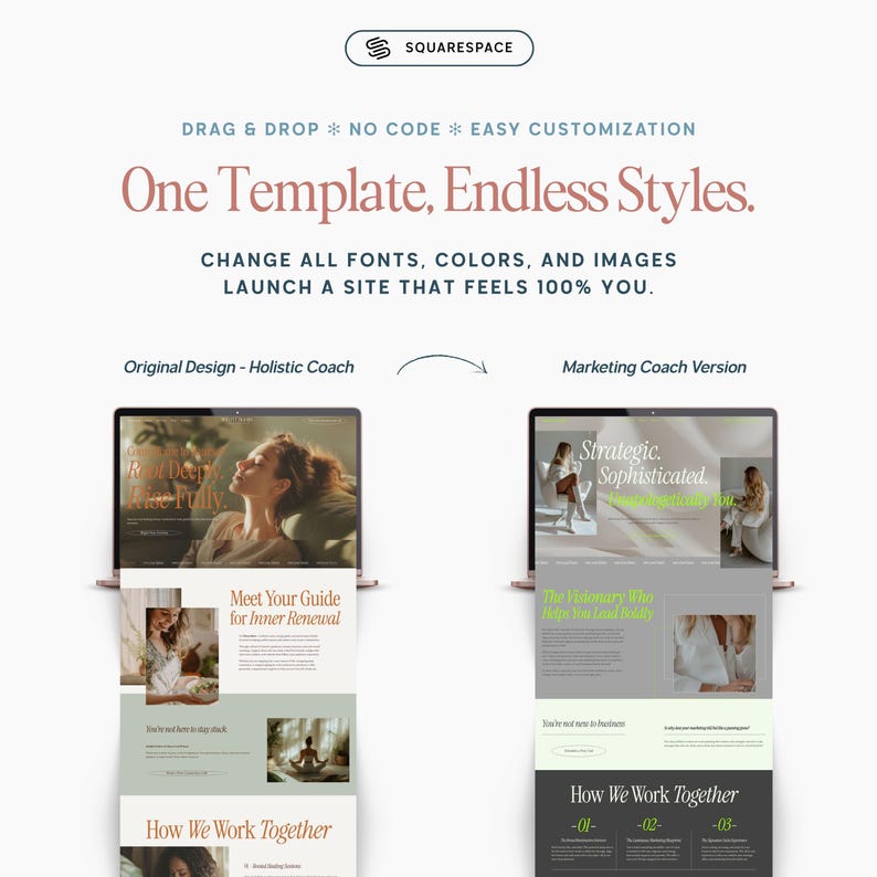 May include: A Squarespace advertisement showcasing website templates. The image highlights the ease of customization with drag-and-drop functionality. The text emphasizes the ability to change fonts, colors, and images for a unique website design.