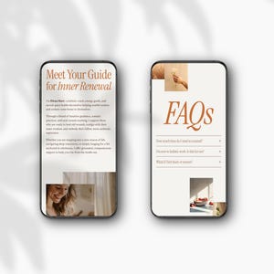 May include: Two smartphones displaying website content. One screen reads "Meet Your Guide for Inner Renewal" with text about holistic coaching. The other screen displays "FAQs" with questions about time commitment and holistic work.