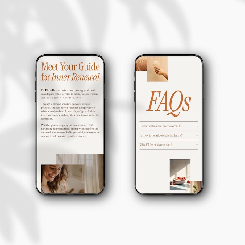 May include: Two smartphones displaying website content. One screen reads "Meet Your Guide for Inner Renewal" with text about holistic coaching. The other screen displays "FAQs" with questions about time commitment and holistic work.