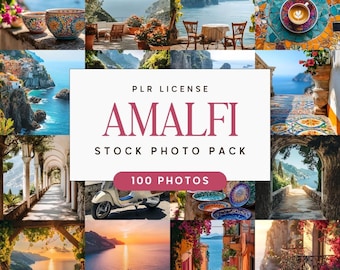 May include: A collage of scenic photos featuring the Amalfi Coast. The images showcase coastal views, architecture, and details like a scooter, ceramics, and a coffee cup. Text reads "PLR LICENSE AMALFI STOCK PHOTO PACK 100 PHOTOS."