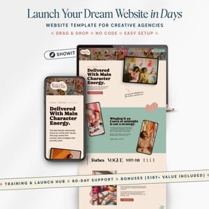 May include: A website template for creative agencies is shown on a laptop and smartphone. The text reads "Launch Your Dream Website in Days" and "Delivered With Main Character Energy." The Showit logo is visible.