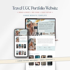 May include: A digital mockup of a travel UGC portfolio website template, displayed on a laptop and smartphone. The website features a light color scheme, with sections for "About Me," "Travel Vlogs," and audience statistics. Text includes "Elevate your brand with authentic UGC content."