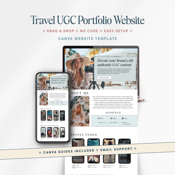 Travel UGC Canva Portfolio Website Template Influencer Content Creator Media Kit Price list User Generated Minimal Editable Landing Page