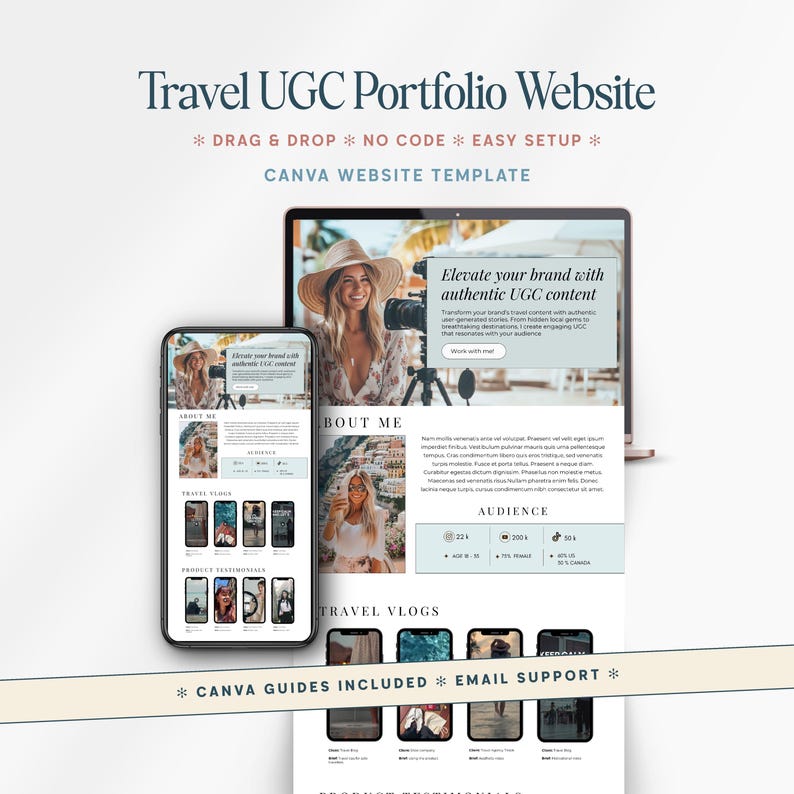 May include: A digital mockup of a travel UGC portfolio website template, displayed on a laptop and smartphone. The website features a light color scheme, with sections for "About Me," "Travel Vlogs," and audience statistics. Text includes "Elevate your brand with authentic UGC content."