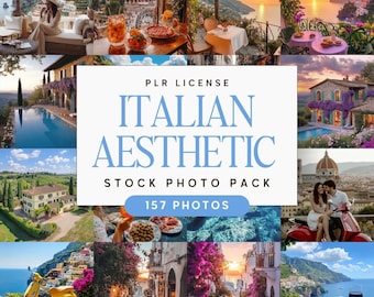 May include: A collage of Italian aesthetic stock photos. The central image features the text "PLR LICENSE ITALIAN AESTHETIC STOCK PHOTO PACK 157 PHOTOS". Surrounding images include scenic views, food, and architecture.