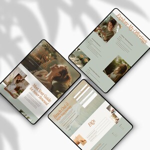 May include: An overhead shot of three digital tablets displaying website pages with a soft, neutral color palette. The pages feature images of a woman, text including "Root Deep, Release Fully", "Meet Your Guide for Inner Renewal", and "Explore My Offerings".