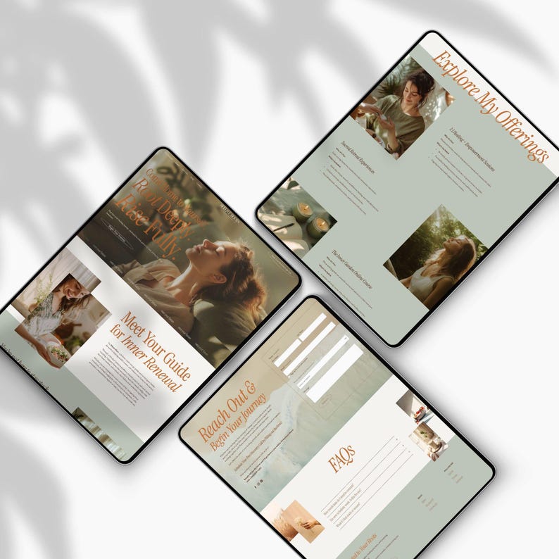 May include: An overhead shot of three digital tablets displaying website pages with a soft, neutral color palette. The pages feature images of a woman, text including "Root Deep, Release Fully", "Meet Your Guide for Inner Renewal", and "Explore My Offerings".