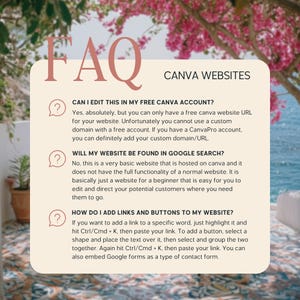 May include: A graphic with the text "FAQ" and "Canva Websites." The text answers questions about editing, searchability, and adding links to Canva websites. The background features pink flowers and a view of the ocean.
