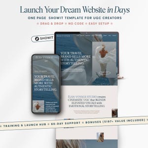 Può includere: Mockup digitale di un sito web e di uno schermo di telefono cellulare. Il sito web mostra il testo "Launch Your Dream Website in Days" e "Your Travel Brand Sells More With Authentic Storytelling." Lo schermo del telefono mostra lo stesso testo. Il tema è per i creatori UGC.