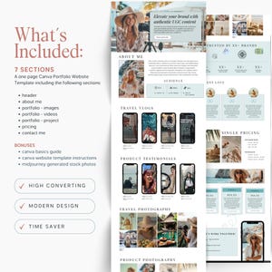 May include: A Canva portfolio website template with a modern design, featuring sections for header, about me, portfolio, pricing, and contact. Includes bonuses like a Canva basics guide and stock photos. The template is designed to be high converting and a time saver.