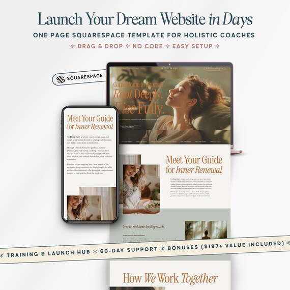 Holistic Coach Website Template, One Page Website Squarespace, Squarespace Template Holistic Coach, Landing Page, Health Wellness Coach