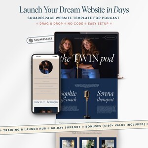 Squarespace-websitesjabloon voor podcaster Vet marineblauw gouden ontwerp Podcast Squarespace-sjabloonlanceringskit Geen code Eenvoudige installatietraining