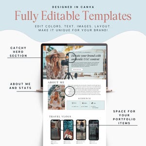 May include: A laptop displaying a website template with the text "Fully Editable Templates." The website design includes sections for a hero image, about me, audience stats, and travel vlogs. The template is designed in Canva.