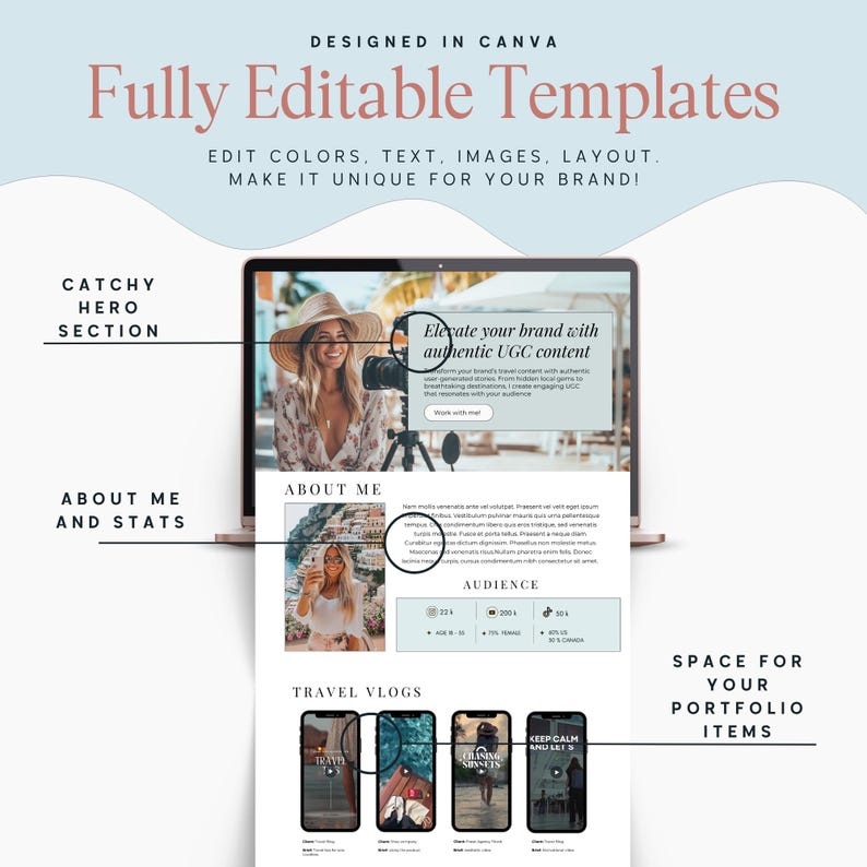 May include: A laptop displaying a website template with the text "Fully Editable Templates." The website design includes sections for a hero image, about me, audience stats, and travel vlogs. The template is designed in Canva.