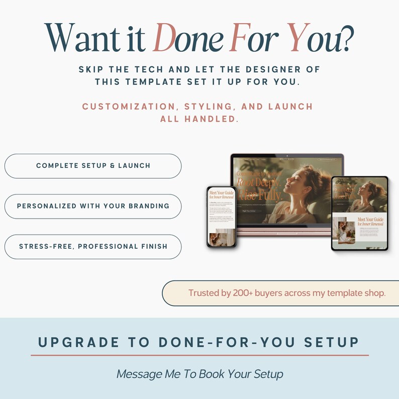 May include: A promotional image with the text "Want it Done For You?" and "Upgrade to Done-For-You Setup." The image includes a laptop, phone, and tablet displaying a website template. The text also mentions customization, styling, and launch services.