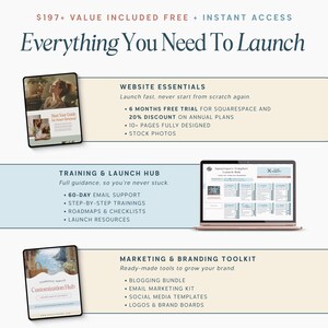 May include: An advertisement for a digital business launch kit. The image includes a tablet and laptop displaying website essentials, training and launch hub, and marketing and branding toolkit resources. Text includes "Everything You Need To Launch".