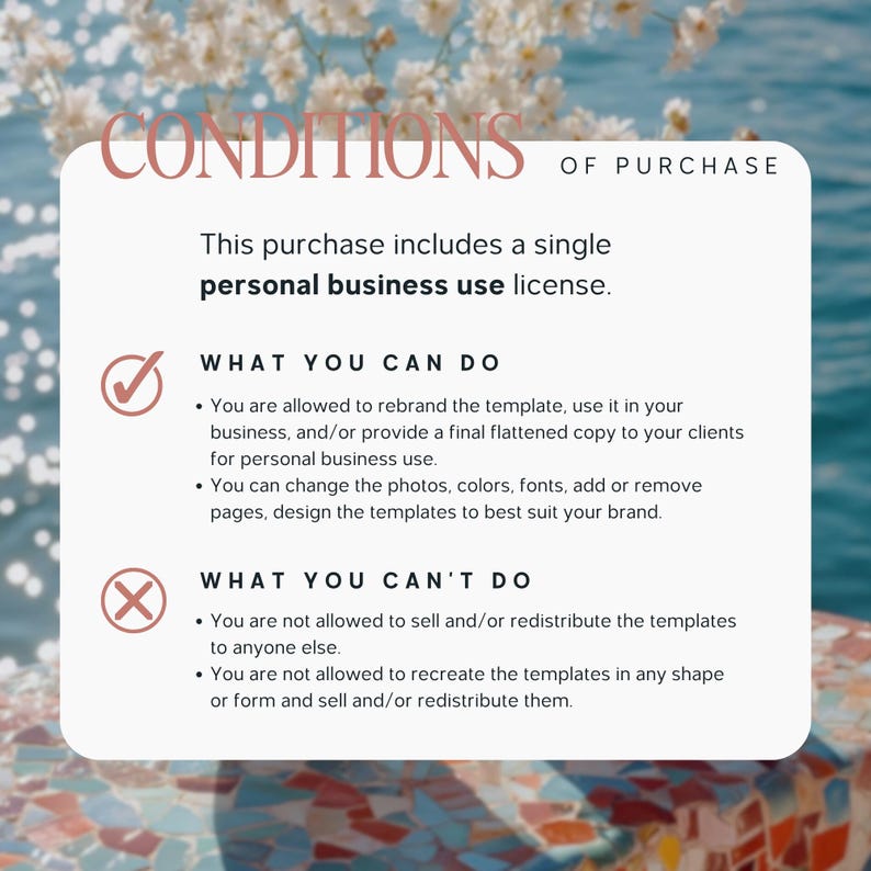 May include: A white rectangular graphic with the text "CONDITIONS OF PURCHASE" and details about a personal business use license. The text outlines what users can and cannot do with the template, including rebranding and redistribution.