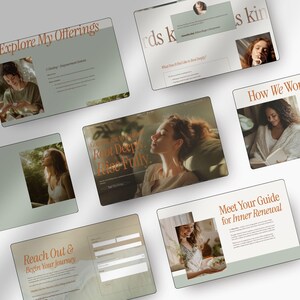 May include: A collection of website mockups with a soft, neutral color palette. The designs feature images of women, along with text such as "Explore My Offerings", "Root Deeply, Rise Fully", and "Meet Your Guide for Inner Renewal".