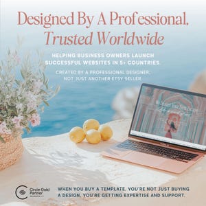 May include: A laptop with a website design on the screen sits on a white surface next to lemons and a woven basket with flowers. The text reads "Designed By A Professional, Trusted Worldwide" and "We Design Your Next Escape".