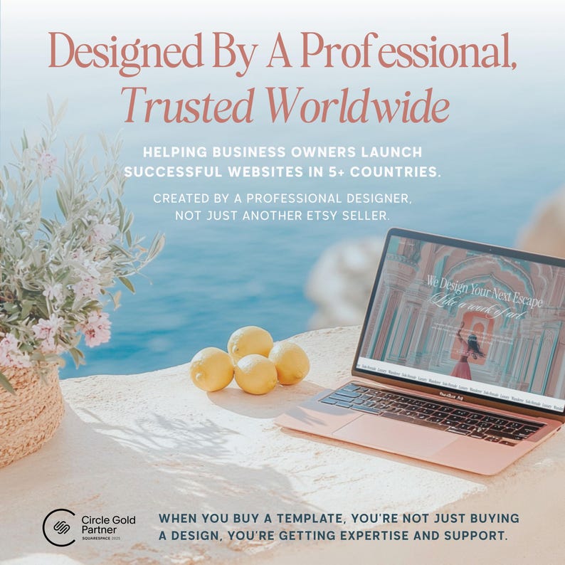 May include: A laptop with a website design on the screen sits on a white surface next to lemons and a woven basket with flowers. The text reads "Designed By A Professional, Trusted Worldwide" and "We Design Your Next Escape".