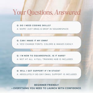 May include: A graphic with the text "Your Questions, Answered" in a soft red font. The image poses questions about Squarespace, with answers in a clean, modern design. The image also includes the text "Beginner Friendly" and "Everything You Need to Launch with Confidence."