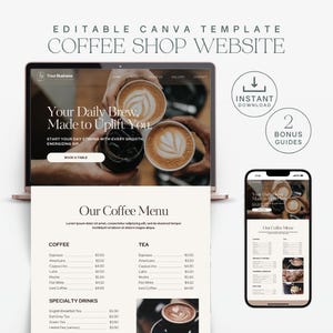 Modelo de site Canva Página de vendas de aterrissagem de cafeteria para barista de café Preço de marca Menu Cafeteria moderna Design de site de café de uma página