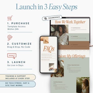 May include: A digital marketing graphic with the text "Launch in 3 Easy Steps." The image includes a laptop and smartphone displaying website content. The steps are: Purchase, Customize, and Launch. The Squarespace logo is visible.