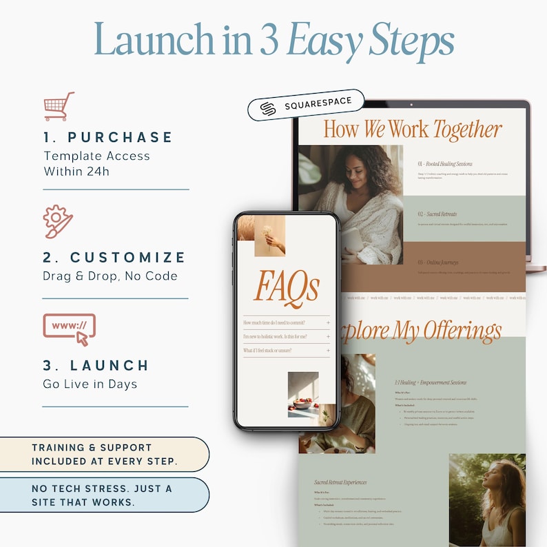 May include: A digital marketing graphic with the text "Launch in 3 Easy Steps." The image includes a laptop and smartphone displaying website content. The steps are: Purchase, Customize, and Launch. The Squarespace logo is visible.