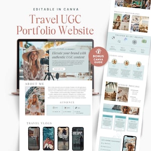 Travel UGC Canva Portfolio Website Template Influencer Content Creator Media Kit Price list User Generated Minimal Editable Landing Page