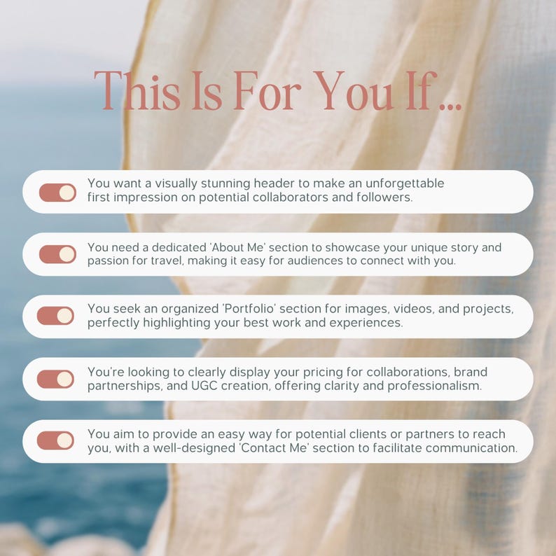 May include: A digital graphic with the text "This Is For You If..." in a soft pink hue. The graphic lists features such as a stunning header, 'About Me' section, portfolio, pricing display, and a 'Contact Me' section.
