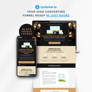 May include: A digital marketing advertisement featuring a laptop and smartphone displaying a Black Friday themed website. The website offers a new solution to achieve a desired outcome. The text includes "Your High Converting Funnel Ready In Just Hours."