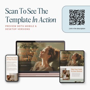 May include: A digital marketing image with the text "Scan To See The Template In Action". The image shows a laptop, tablet, and phone displaying a website with the text "Root Deeply, Rise Fully". A QR code is also present.
