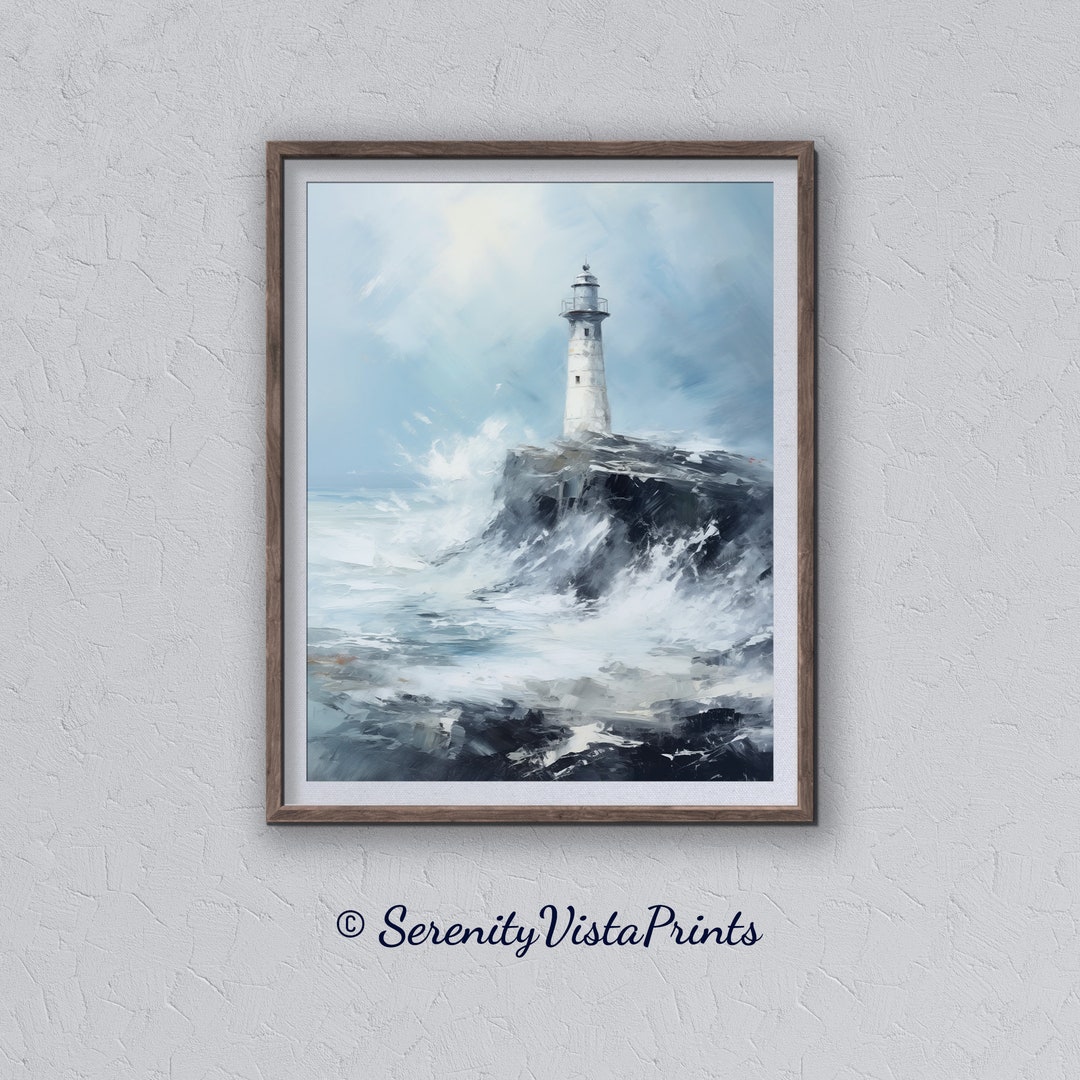 Lighthouse Crashing Waves Oil Digital Painting, Cliff Seascape Art